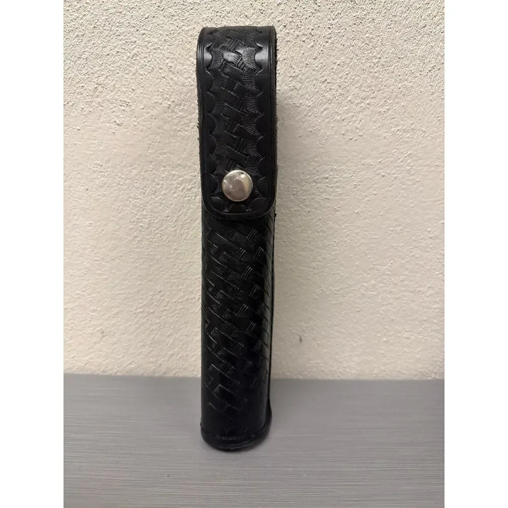 Stallion Leather Black Basketweave Flashlight Holder Duty Belt Loop Snap Closure